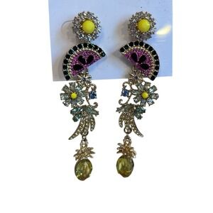 Gold Tone Floral and‎ Summer Fruit Crystal Dangle Post Earrings